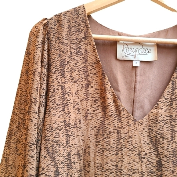 100% Silk Mini Dress with Sheer Sleeves, Brown, Vneck, Lined, Size Small - Picture 5 of 14